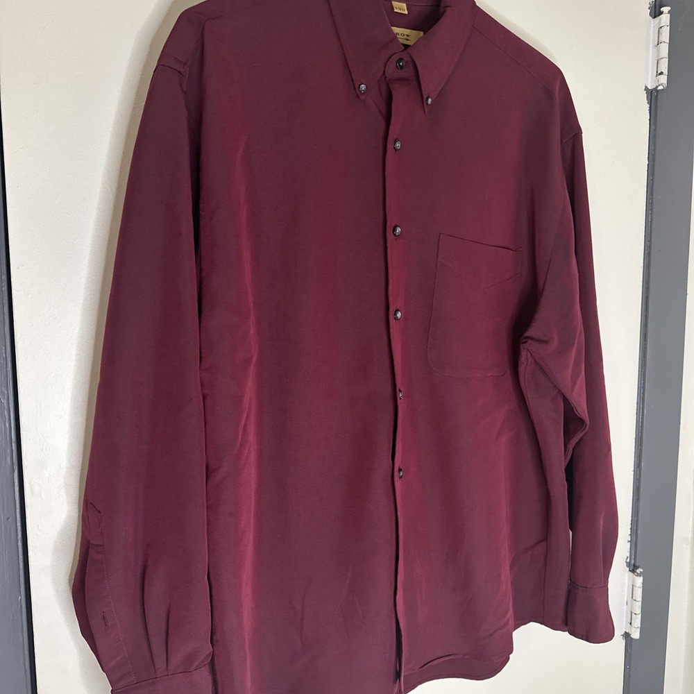 Arrow Wrinkle Free Oxford Shirt 16 32/33 Burgundy Button Up Long Sleeve Hole